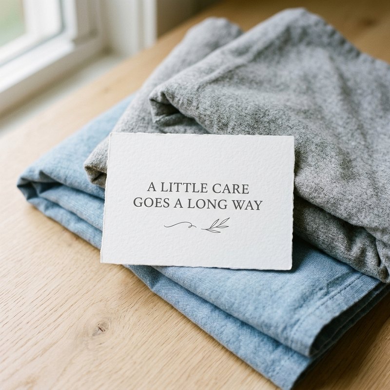 Plain textured care card resting beside neatly folded cotton fabrics