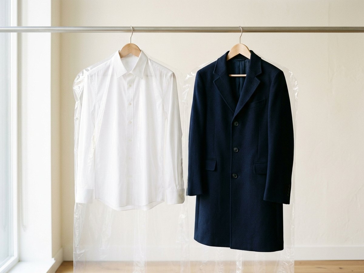 White shirt and navy coat on hangers protected inside clear plastic garment covers