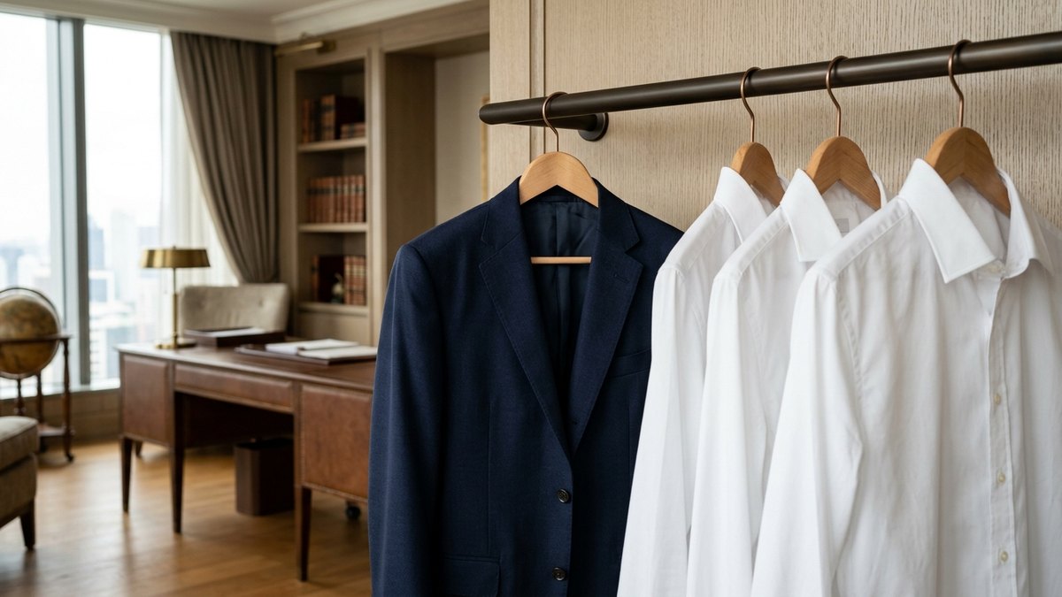 Tailored dark navy formal suit jacket and pressed white dress shirts on wooden hangers in an executive office
