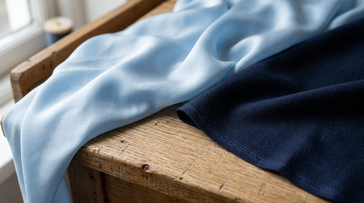 Blue silk blouse gently draped beside a structured navy suit in warm morning studio light