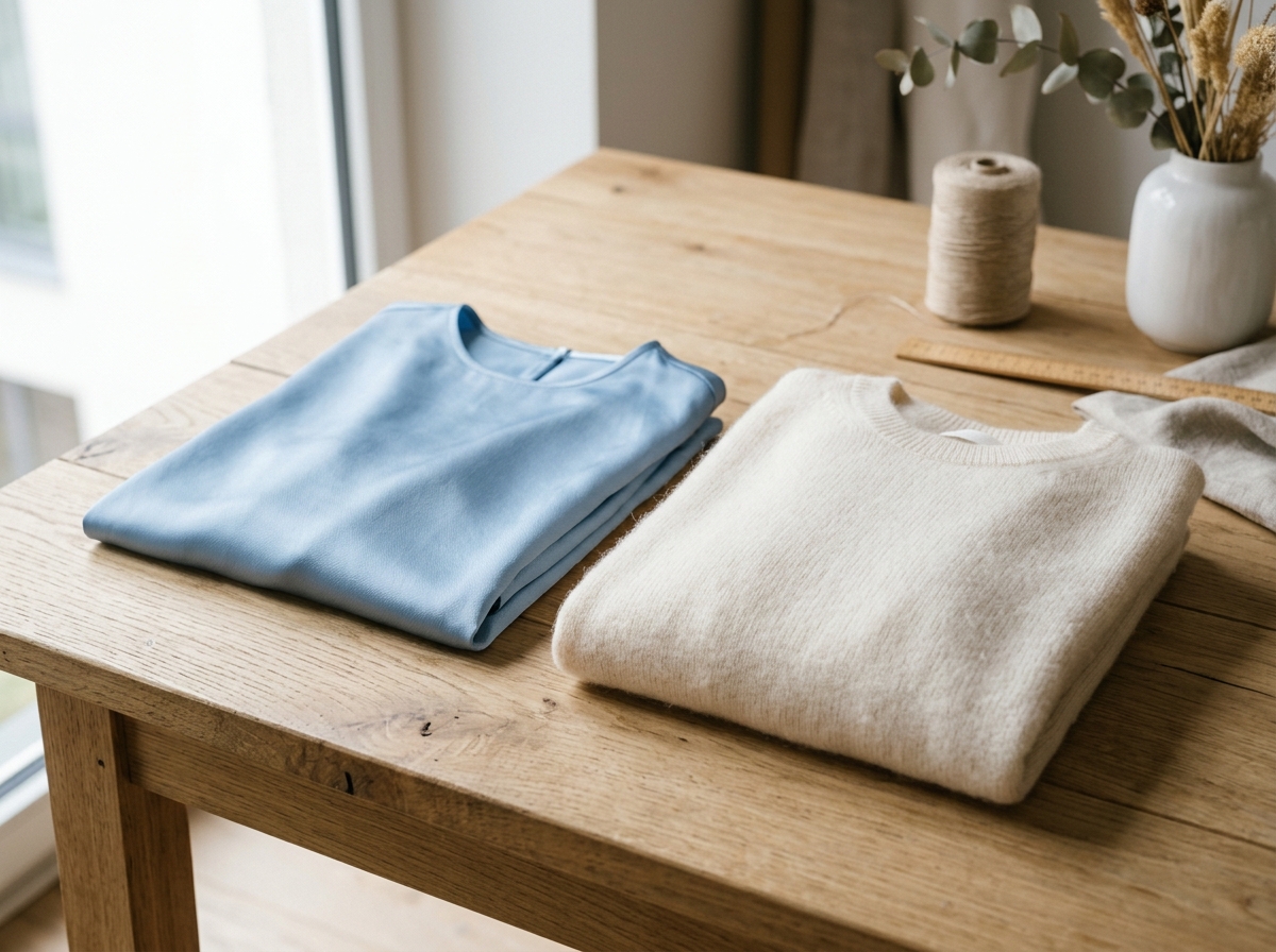 Folded sky blue silk fabric and ivory fine cashmere knitwear on wooden surface