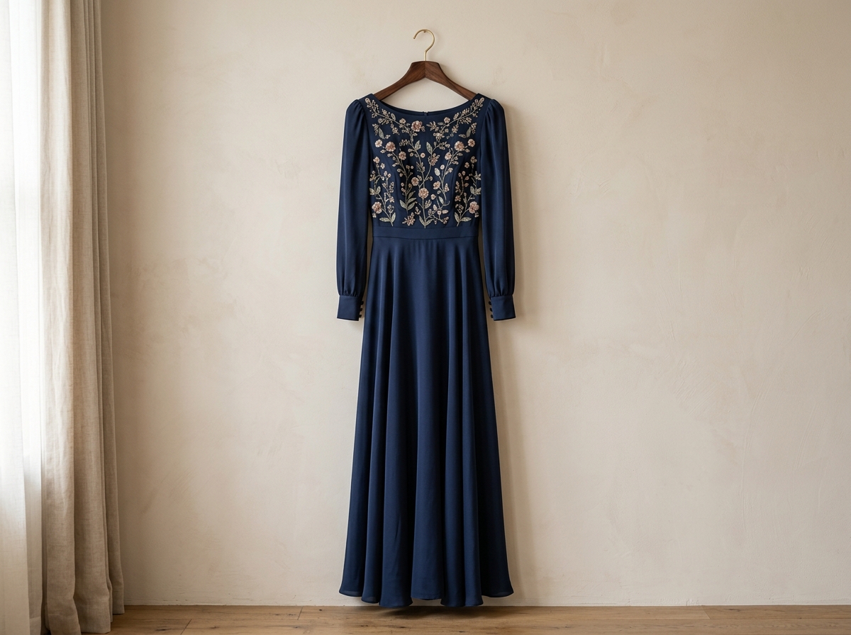 Front view of dark navy occasion wear dress with delicate floral embroidery on wooden hanger