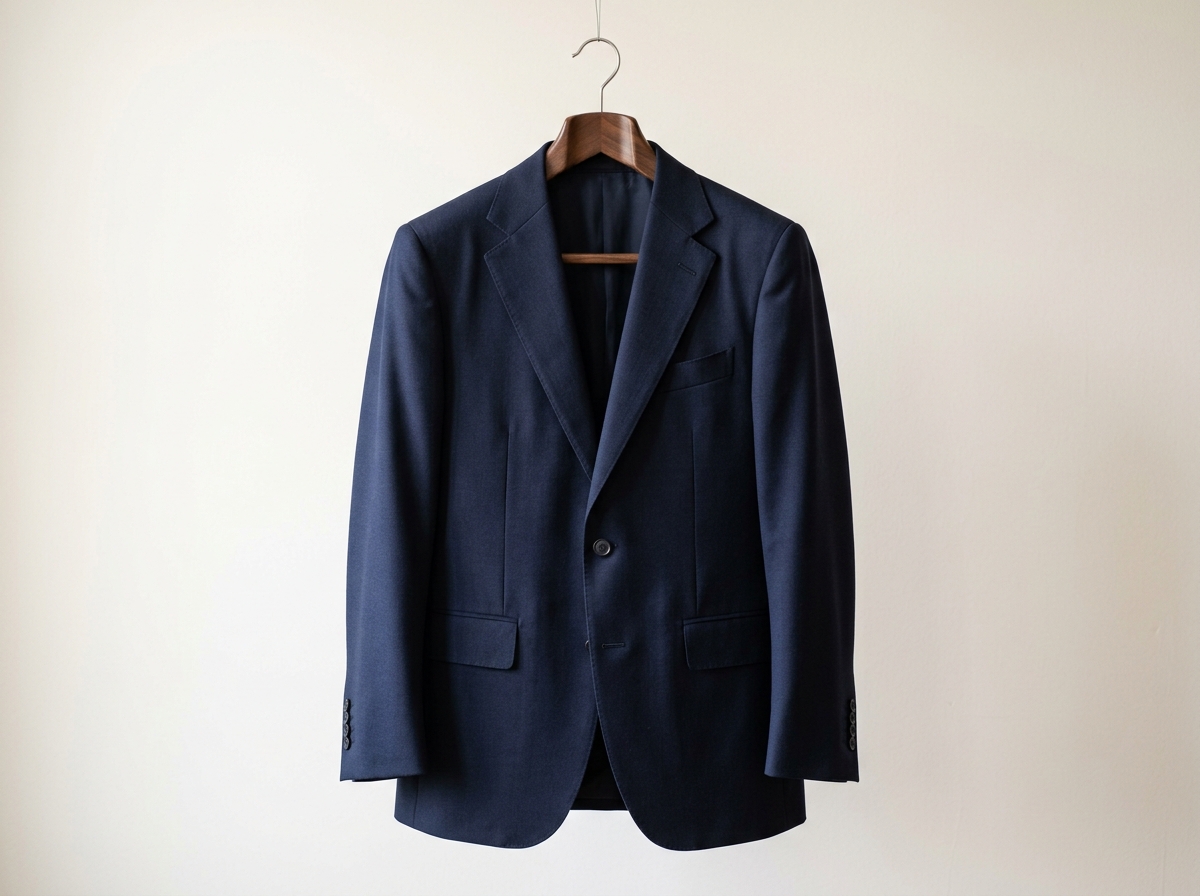 Tailored dark navy wool suit jacket on wooden hanger
