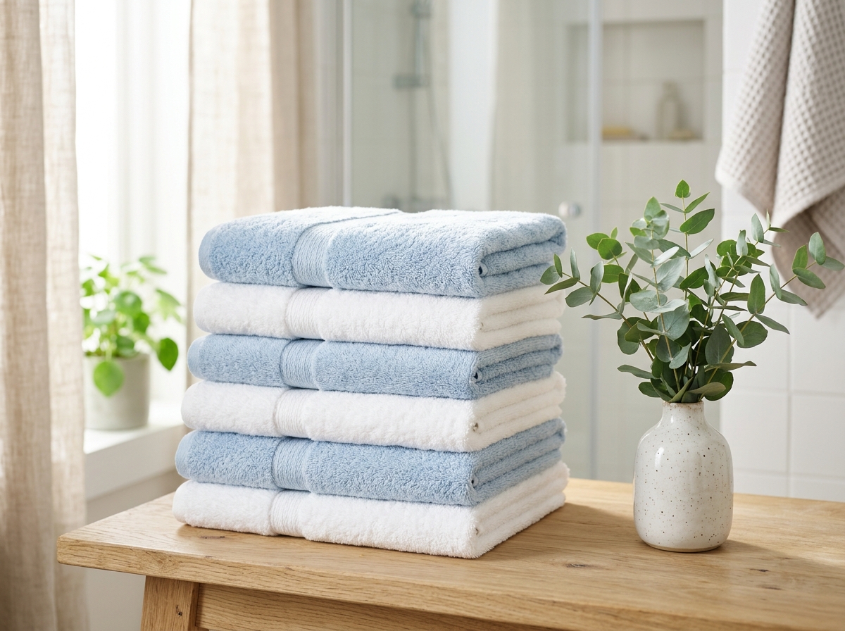 Clean folded towels beside eucalyptus leaves in morning light