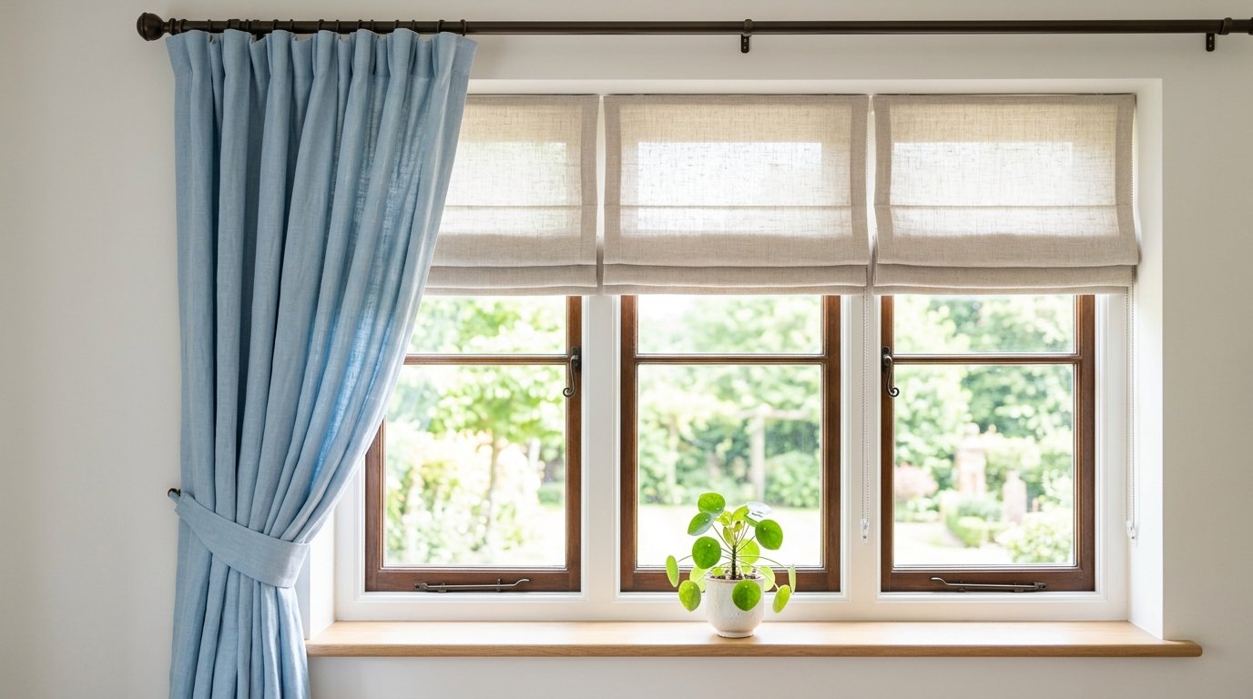 Soft sky-blue linen curtains hanging gracefully beside clean woven fabric blinds on a sunlit window