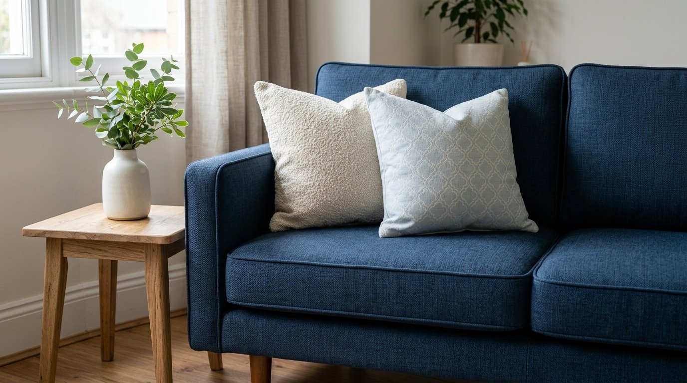 Tailored deep blue fabric sofa with textured cream and patterned pale blue accent cushions in soft daylight