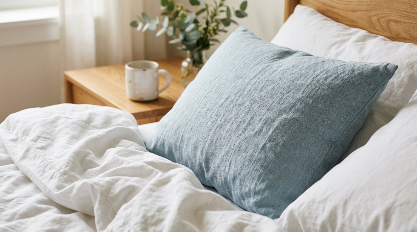 Soft pale-blue textured cotton pillow resting on crisp white bedding in morning light