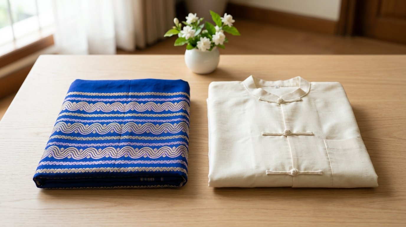 Tailored ivory collarless Burmese taikpon jacket with cloth loop buttons beside a vibrant blue silk acheik longyi with undulating wave patterns on a smooth pale oak tabletop