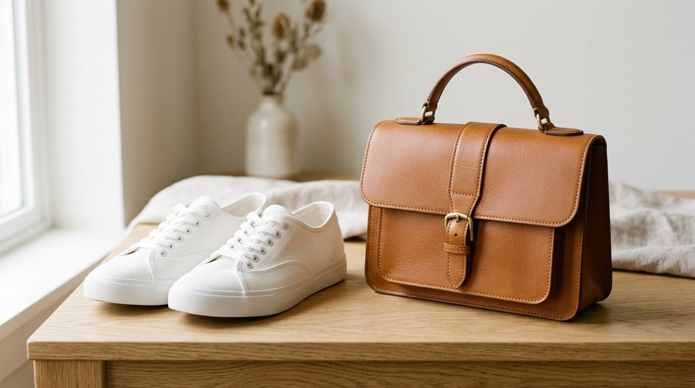 Clean white canvas sneakers and structured warm tan leather handbag on a light wooden surface