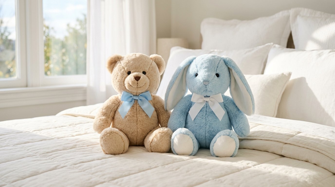 Classic beige plush teddy bear and gentle blue plush bunny sitting together on a soft cream quilted bed in gentle morning light