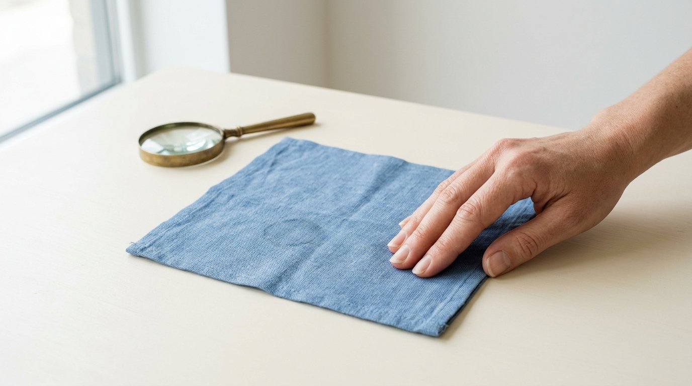 Natural hand gently holding the corner of blue fabric with a visible localized stain on a clean ivory surface beside a magnifying loupe