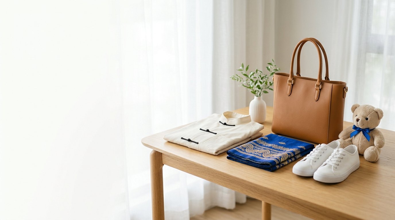Continuous wooden tabletop scene featuring an ivory Burmese taikpon jacket, royal blue acheik longyi, tan leather handbag, white canvas sneakers, and a plush teddy bear